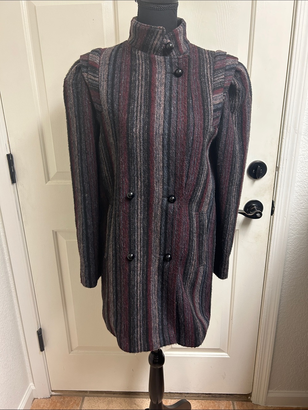 New York Girl vintage wool coat with pockets, Multi colored striped, Size 7
